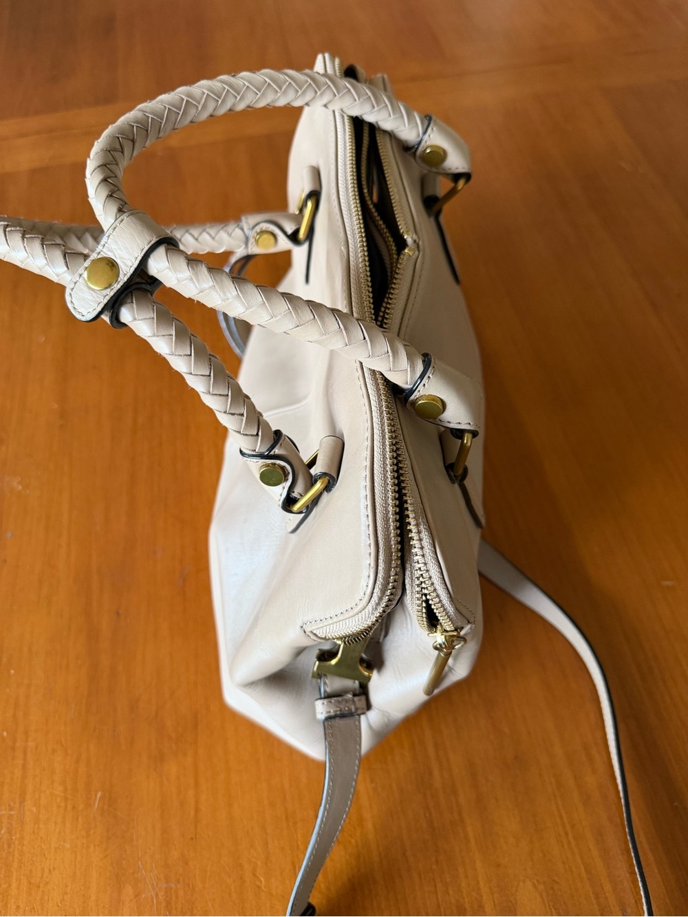 Elliott Lucca Taupe Leather Satchel with Braided Handles - Picture 2 of 11